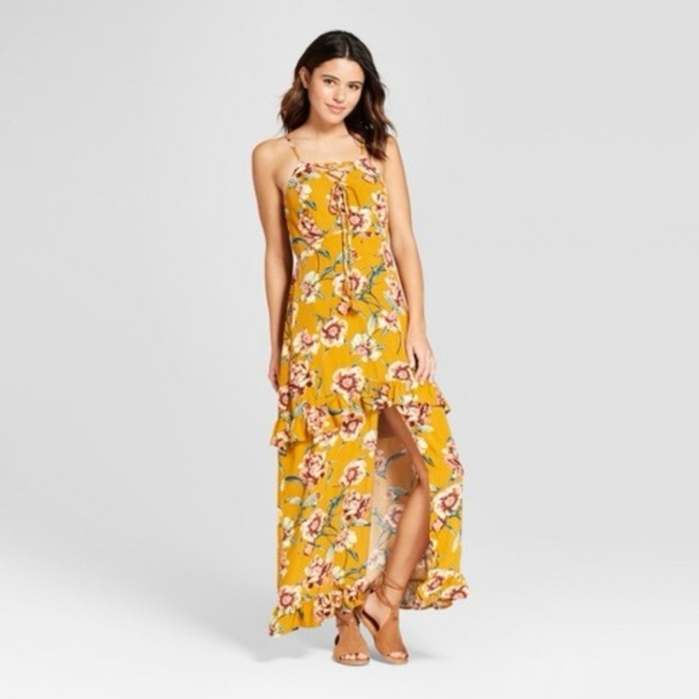 Xhiliration Floral Yellow Maxi Dress women’s‎ size medium